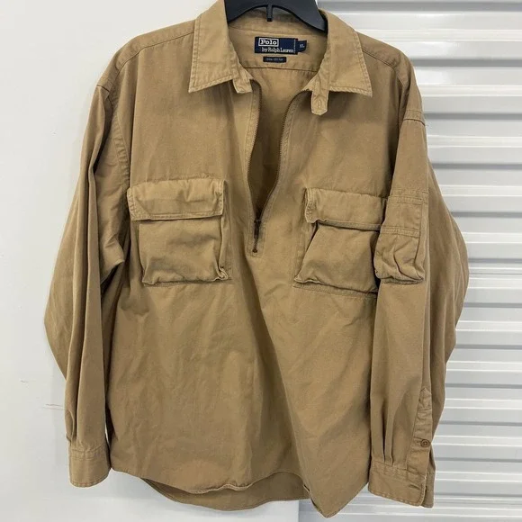 Vintage Polo Ralph Lauren Shirt XL Beige Twill Long Sleeve 1/2 Zip Military - Picture 2 of 16